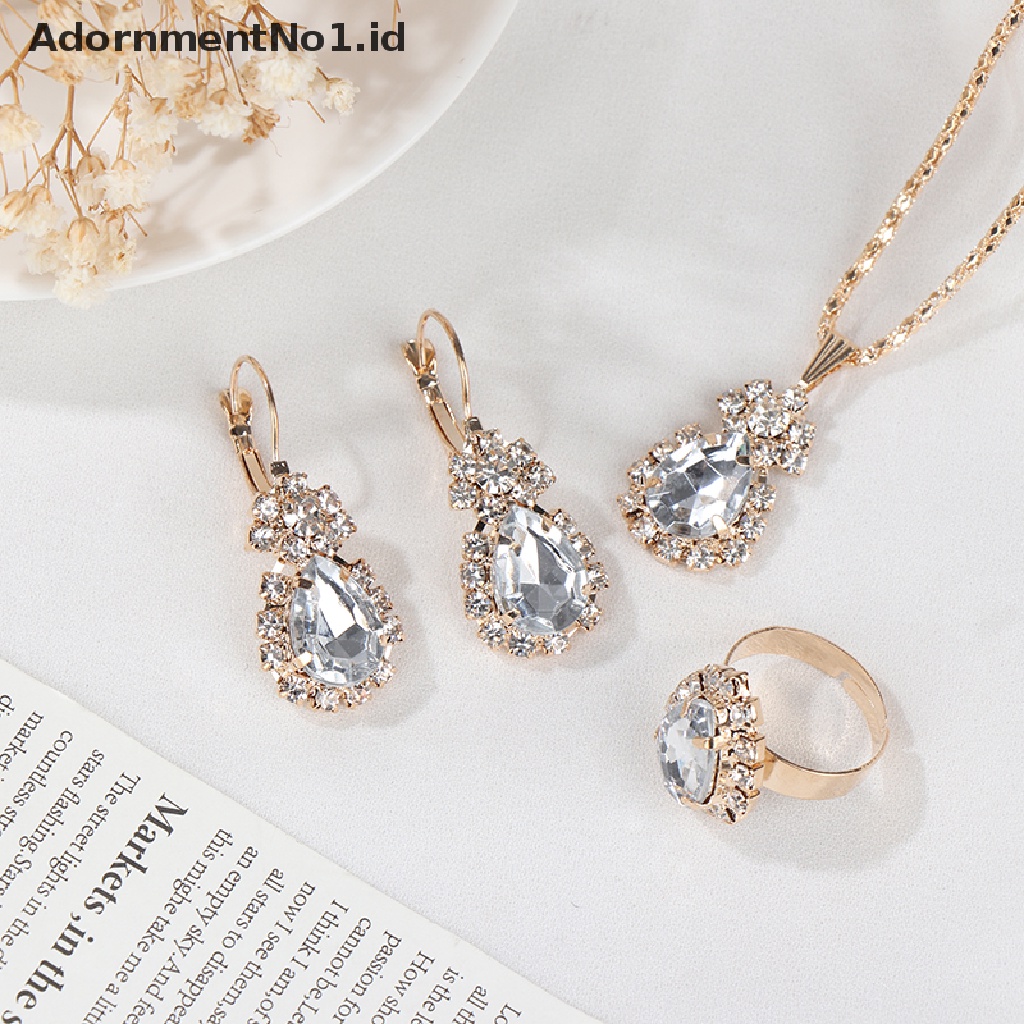 [AdornmentNo1] Fashion Eropa Amerika Perhiasan Liontin Anting Cincin Set Pengantin Dekorasi Hadiah Tetesan Air Berlian Kalung Anting Rings Set [ID]