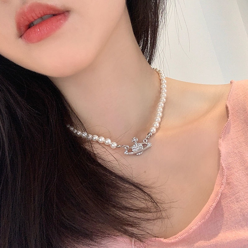 Gelang Kalung Manik-Manik Mutiara Elegan Zirkon Planet Emas Perak Choker Untuk Wanita Fashion Aksesoris Perhiasan