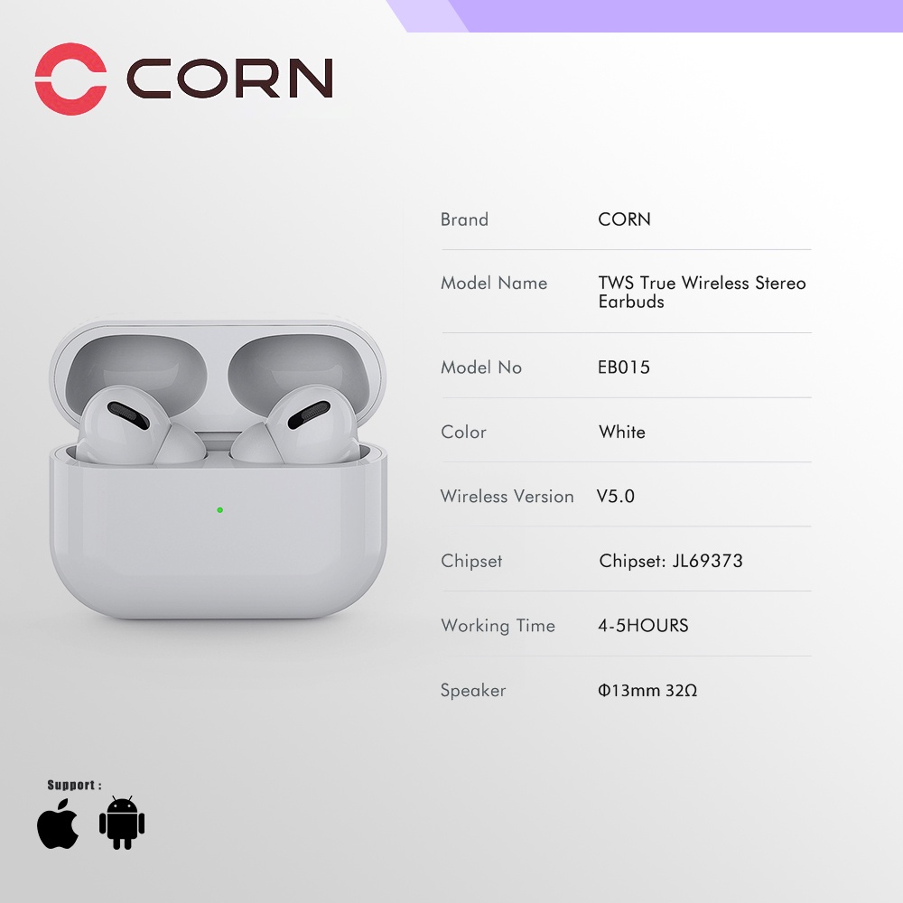 CORN EB015Pro Earphone Bluetooth 5.0 Nirkabel Wireless Earbud True Wireless Stereo Earbuds Original Resmi Headset Android IOS (Gratis Casing)