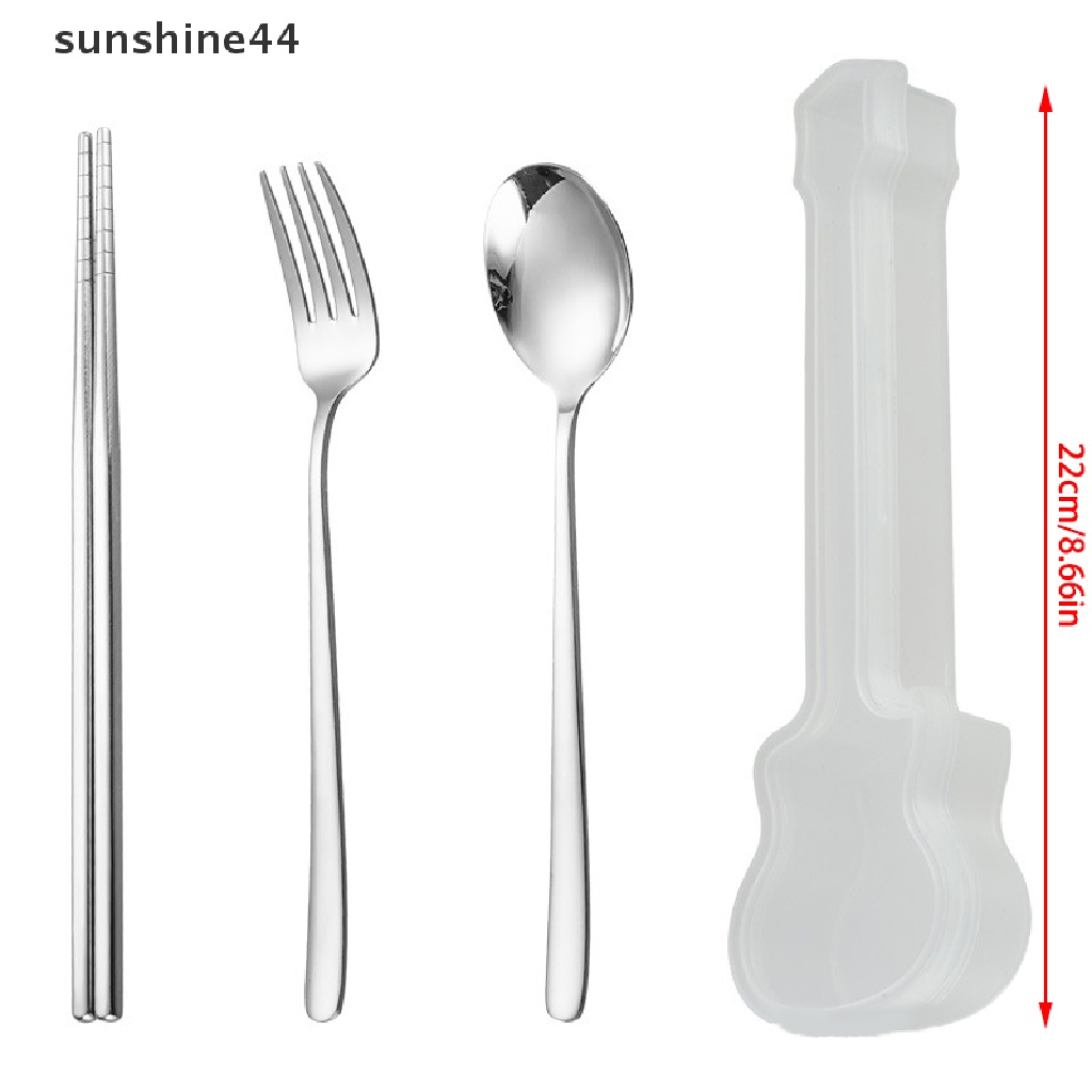 Sunshine 3Pcs Set Alat Makan Garpu Sendok Sumpit Makan Set Travel Sendok Garpu Kotak Gitar.