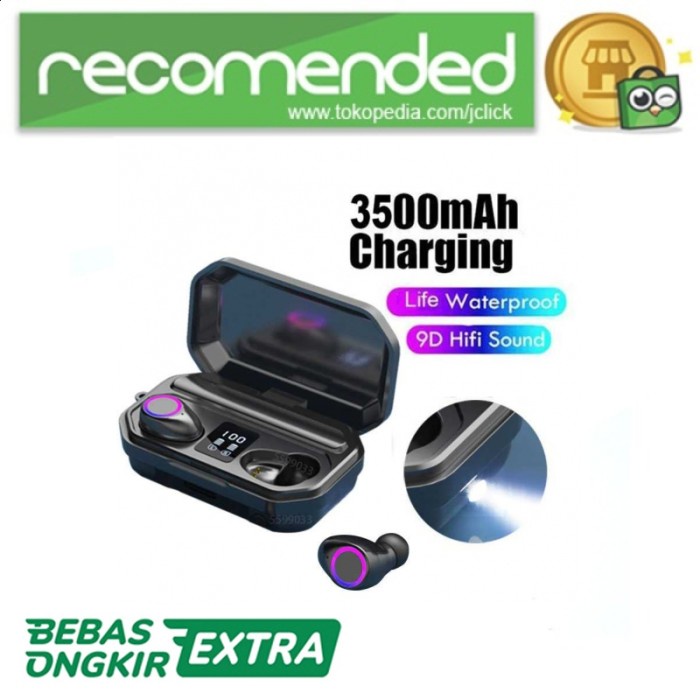 Docking Qj Earphone Tws Bluetooth 5.0 + Charging Case Flashlight 3500M - Hitam