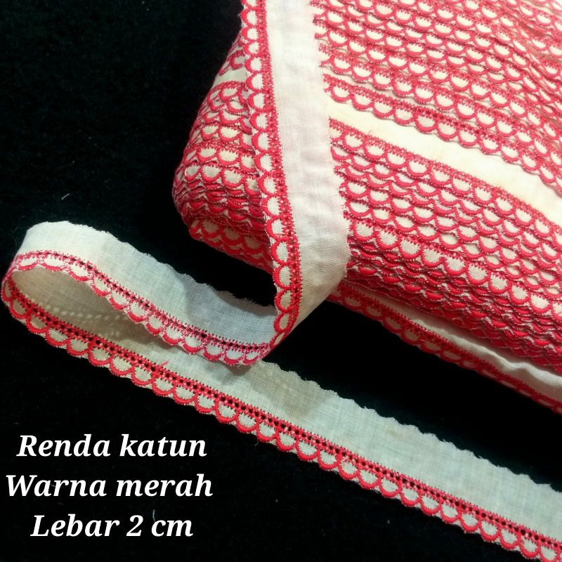 per rol 15 yard,renda katun warna merah lebar 2 centimeter