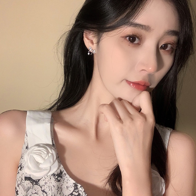 Papaozhu Korea s925 Perak Glittery Zirkon Busur Stud Anting-Anting Untuk Wanita Gadis Trendi Berlian Imitasi Ikatan Simpul Anting-Anting Pertunangan Pesta Perhiasan Hadiah