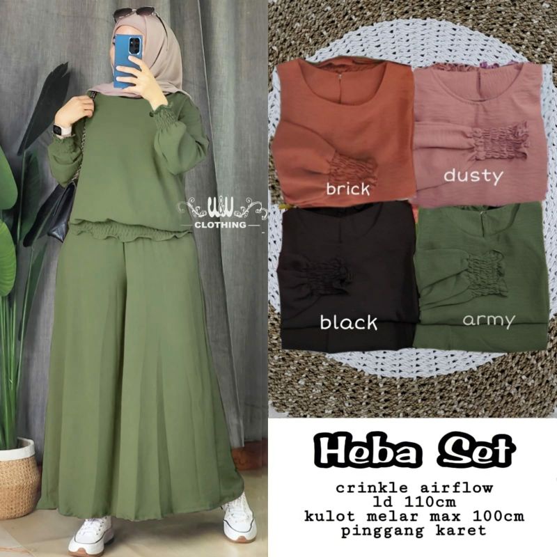 Heba set setelan wanita blouse dan celana panjang kulot bahan crinkle air flow