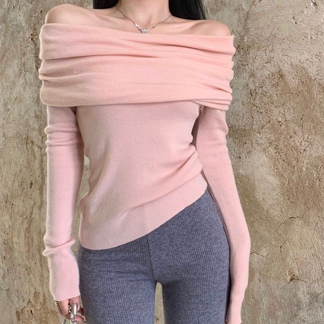 Red Keinginan murni untuk berhati-hati ji one-shoulder rajutan bottoming shirt wanita musim gugur dan musim dingin menebal desain sweater rasa atasan chic lengan panjang