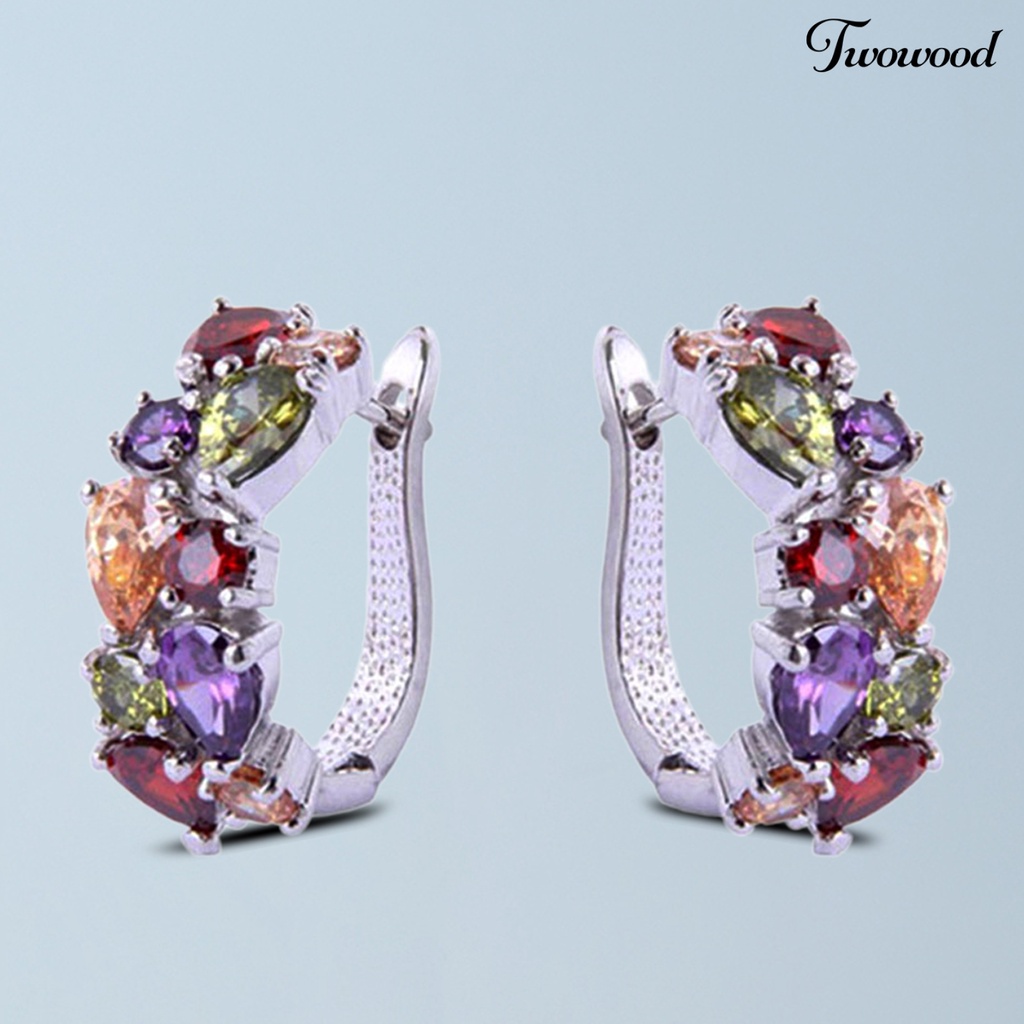 Twowood 1pasang Anting Wanita Trendi Warna-Warni Cubic Zirconia Nyaman Dipakai Aksesori Fashion Hoop Earrings Untuk Pesta