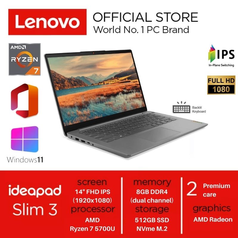 LENOVO Ideapad Slim 14ALC6-HNID 14"FHD IPS [Ryzen 7 5700U/8GB/512GB SSD/AMD Radeon Graphic/Win 11 + 