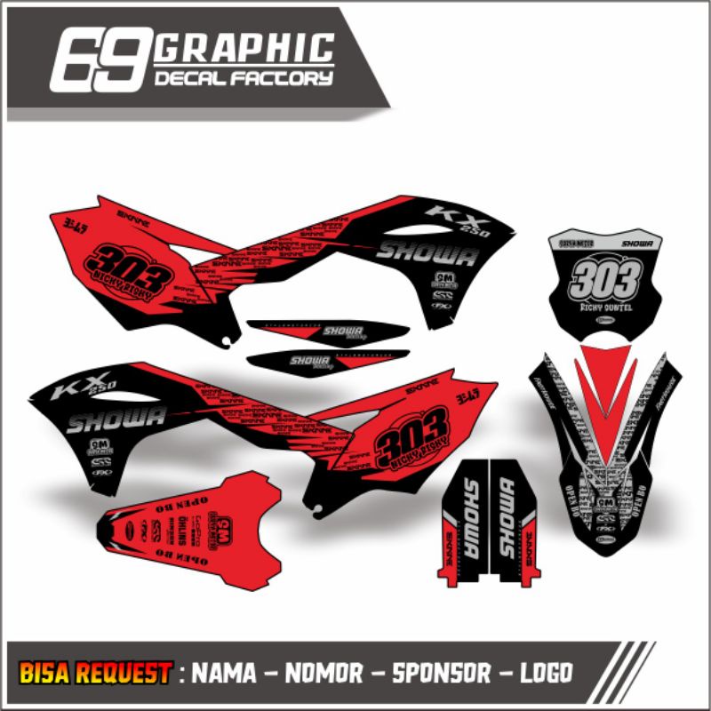 DECAL STICKER KX250 FULL BODY HITAM MERAH LIS ABU