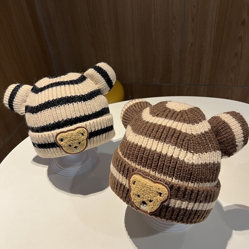 Topi kupluk anak unisex motif GARIS BEAR / kupluk bayi usia 6 bulan - 2 tahun import