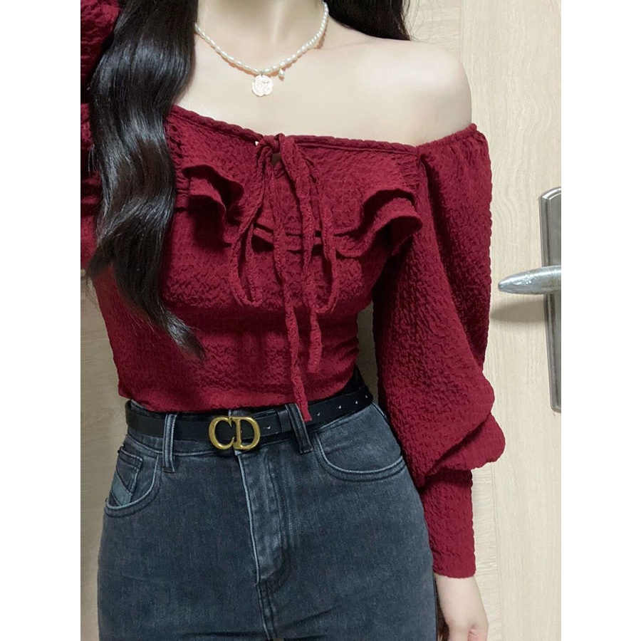 Red French square collar red shirt wanita musim gugur rasa desain ceruk ramping gaya barat gaya pendek cantik kemeja wanita kecil