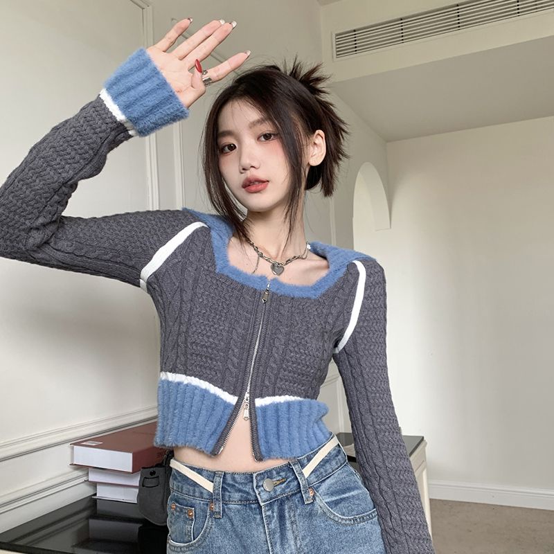 Red Spice Girl Slim Slim Long Sleeve Rajutan Sweter Cardigan Pendek Wanita Design Sense Square Collar Small Korean Chic Top