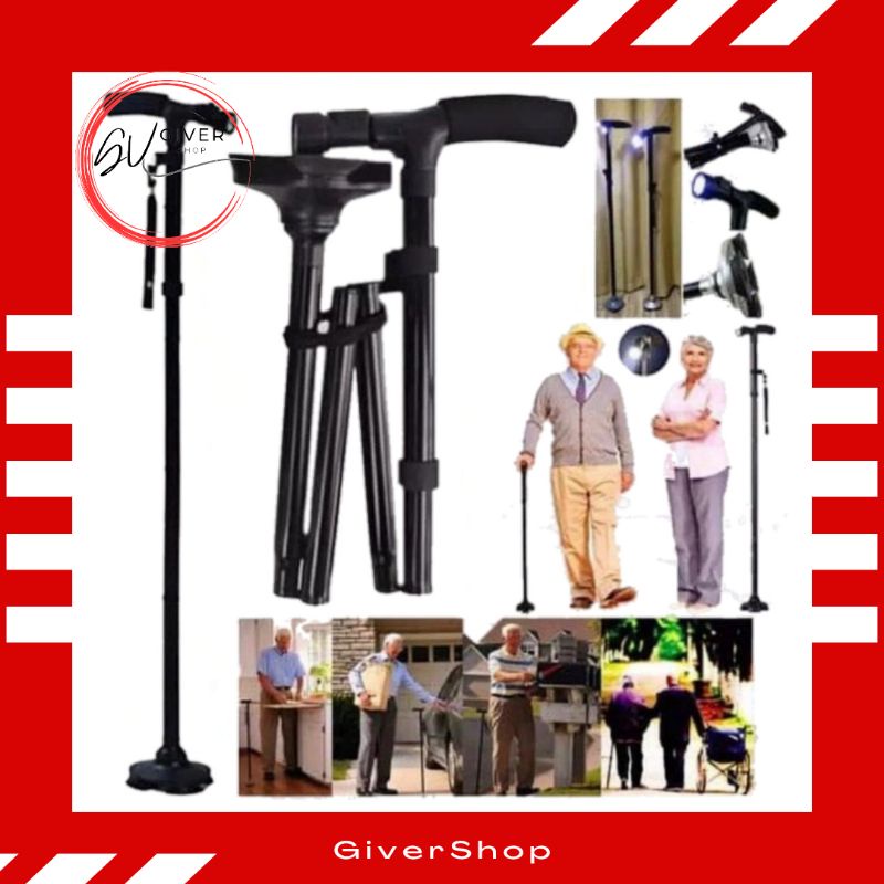 Original Tongkat Lipat Bantu Jalan Dengan Senter Lampu LED / Trusty Cane Alat Tongkat Bantu Jalan