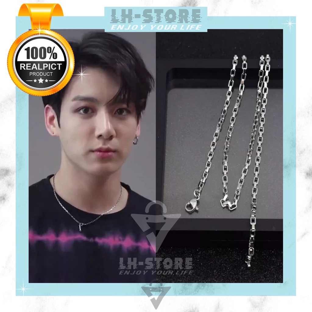 Kalung Titanium Pria/Wanita Berlapis Perak Rantai Persegi Gaya Korea Jungkook Hip-Hop Choker Terbaru Anti Karat Tidak Luntur