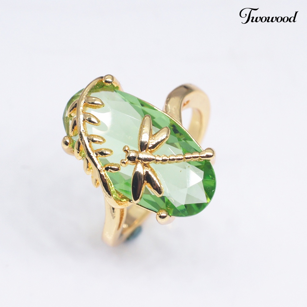 Twowood Chic Wanita Capung Daun Oval Permata Imitasi Twist Jari Cincin Hadiah Perhiasan Pernikahan