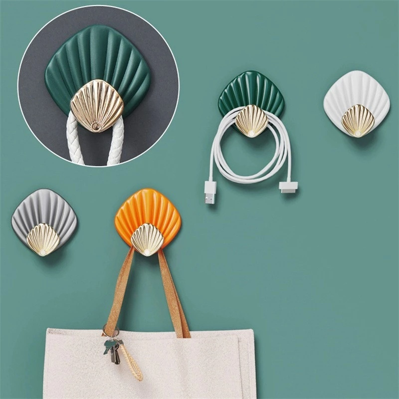 4pcs Pack Home Creative Shell Shape Wall Hanging Storage Hooks/Penyimpanan Pintu Hemat Ruang Bebas Paku Heavy Duty Self Adhesive Rack Hanger/Rak Dinding Multifungsi Kantor Rumah