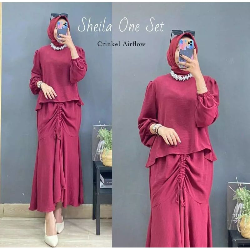 Sheila One Set Crinkle Rok Serut Baju Wanita Setelan Jumbo Outfit Wanita Kekinian Baju Perempuan Dewasa Ootd Wanita Set