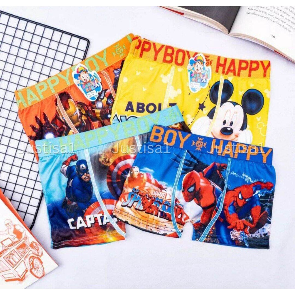 6 Pcs Celana Dalam Anak Happy Boy / Celana Segi Empat Anak Laki Laki Motif Random Berkualitas