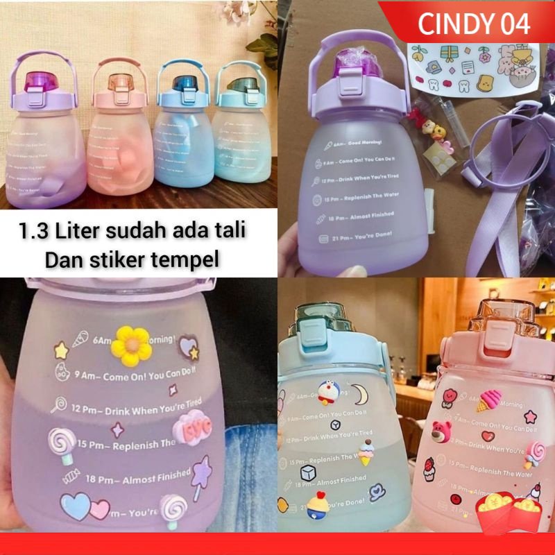 【Stiker gratis】Botol Minum Big Belly Gemoy 1400ML 1.4Liter Botol Motivasi Penanda Waktu Botol Minum Viral