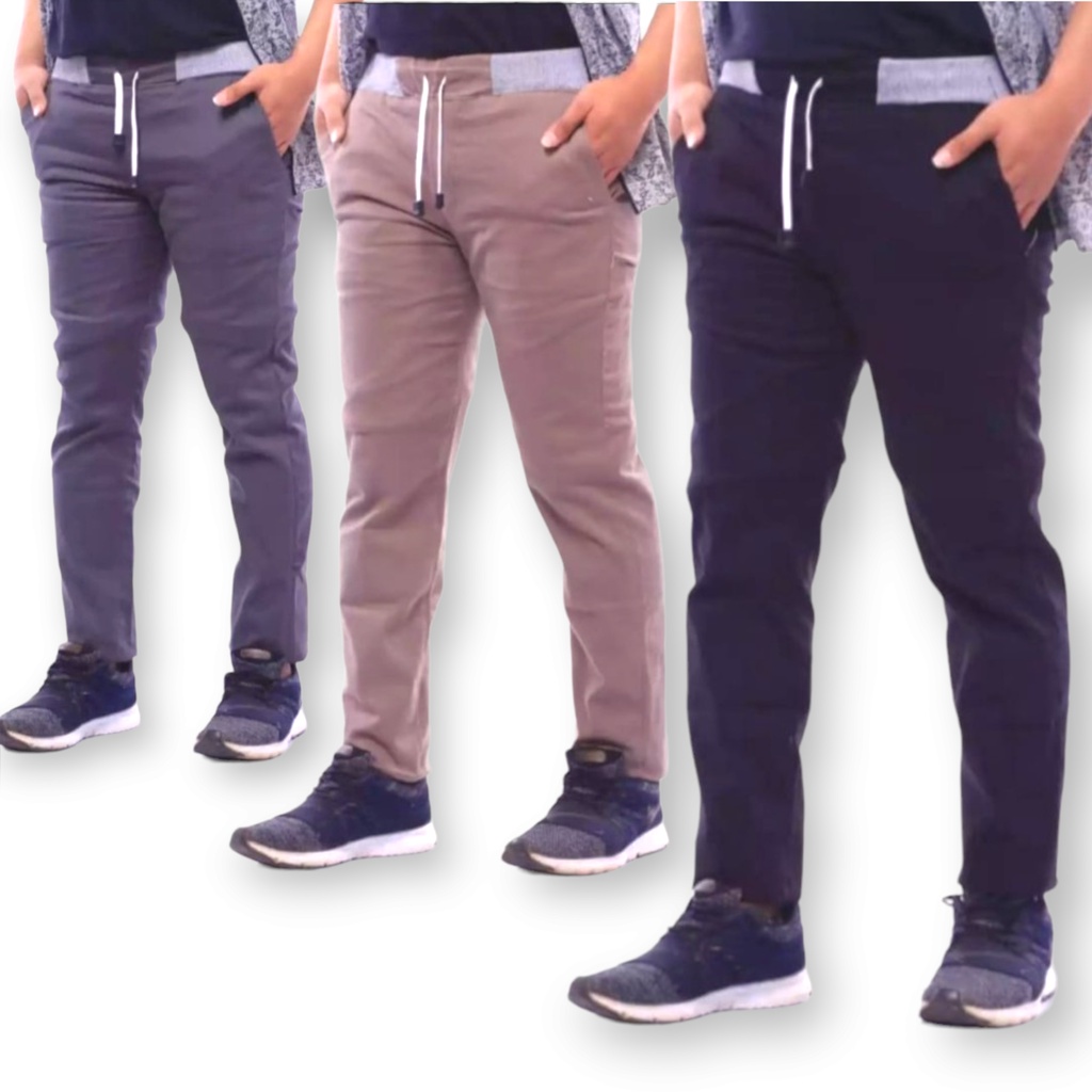 Celana Chino Panjang Pria Slimfit Bahan Melar Pinggang Karet Laki Kerja Santai Harian