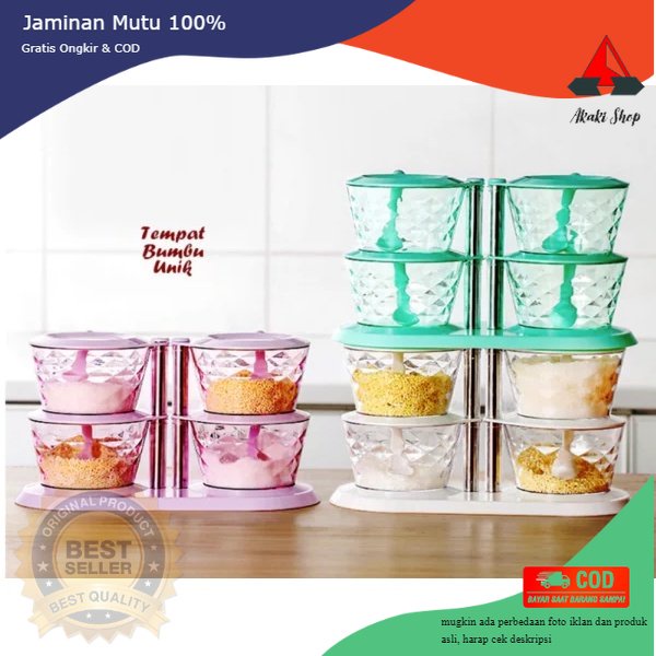 Rak Bumbu Putar Tempat Bumbu Dapur Susun 4  Crystal Bulat Free Sendok