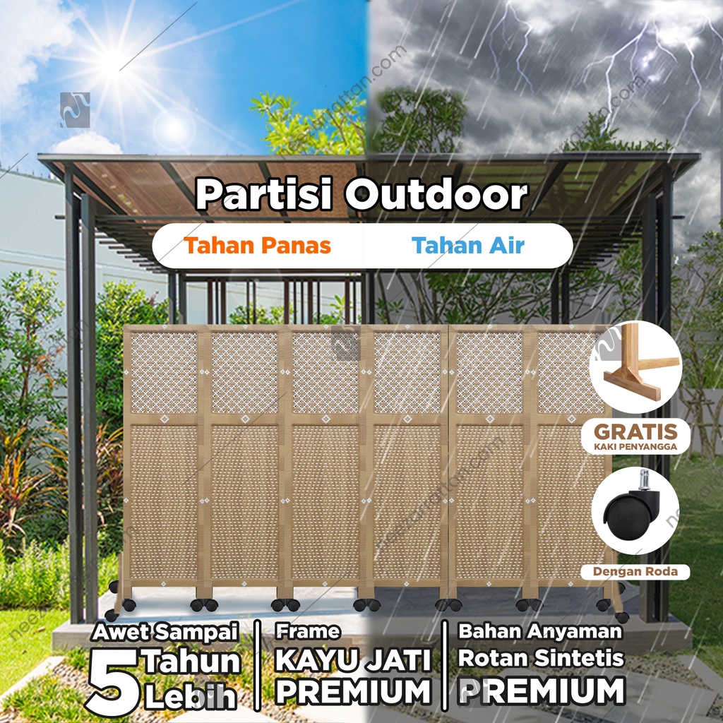 PARTISI OUTDOOR 6 Pintu Sketsel Kayu JATI Rotan , Pembatas penyekatteras rumah kantor rooftop tahan 