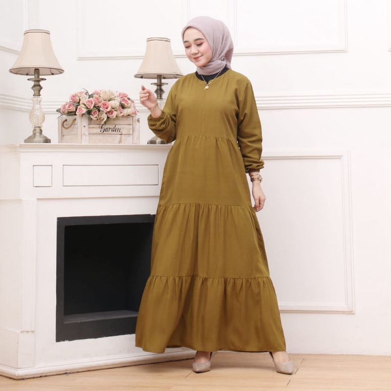 GAMIS REMPEL SUSUN RAYON POLOS TALI PINGGANG  / GAMIS