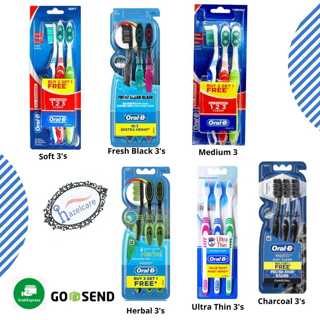 [Hazelcare] Oral B Oral-B Sikat Gigi Ultra Thin Ultrathin Compact Soft / All Rounder 123 Clean 3'S / All Rounder Herbal / Fresh Clean Black / Complete Easy Charcoal 3's 3pcs 3 pcs