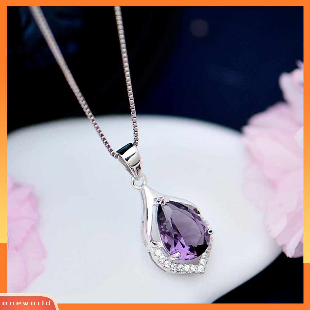 {oneworld} Wanita Droplet Faux Amethyst Kalung Klavikula Dekorasi Liontin Perhiasan Hadiah