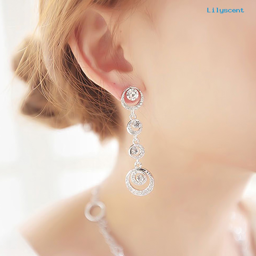 [LS] Anting Tusuk Lingkaran Menjuntai Mempesona Berlian Imitasi Wanita Panjang Drop Ear Studs Jewelry Untuk Pernikahan