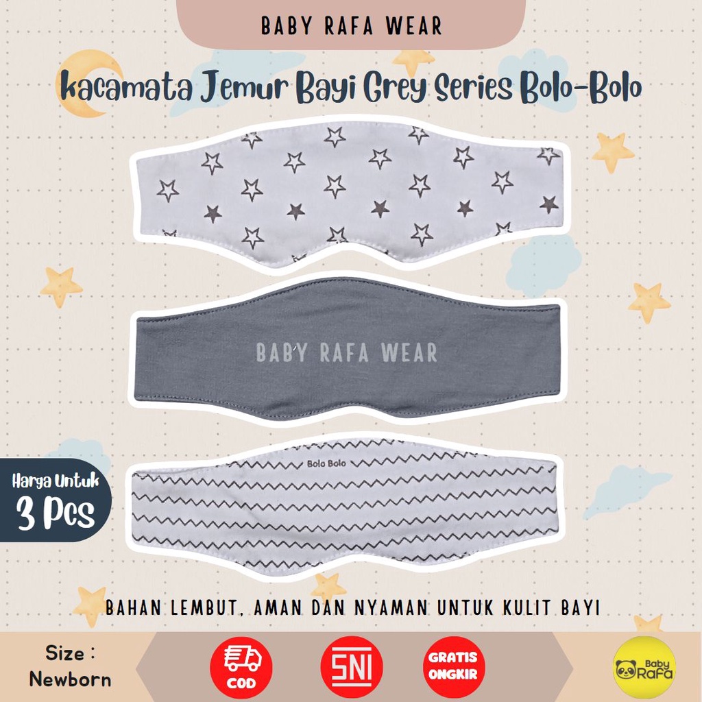 3 Pcs Kacamata Jemur Bayi Penutup dan Pelindung Mata Bayi Serian Abu Grey merk SNI Bolo - Bolo