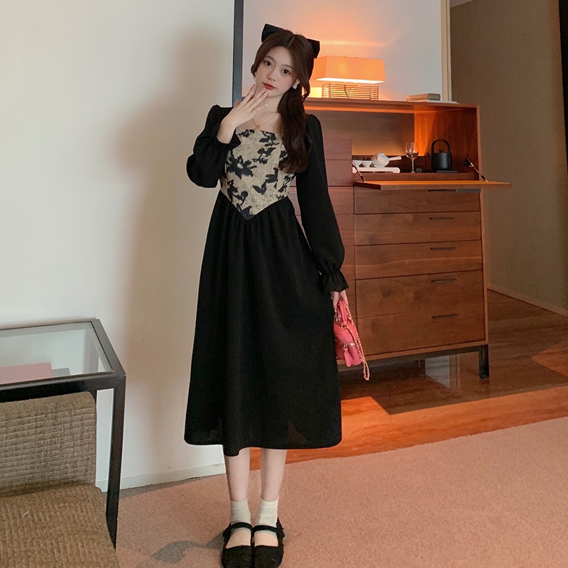 Fashion Lengan Panjang Gaun Wanita Midi Retro A-Line Cetak Dress Hitam