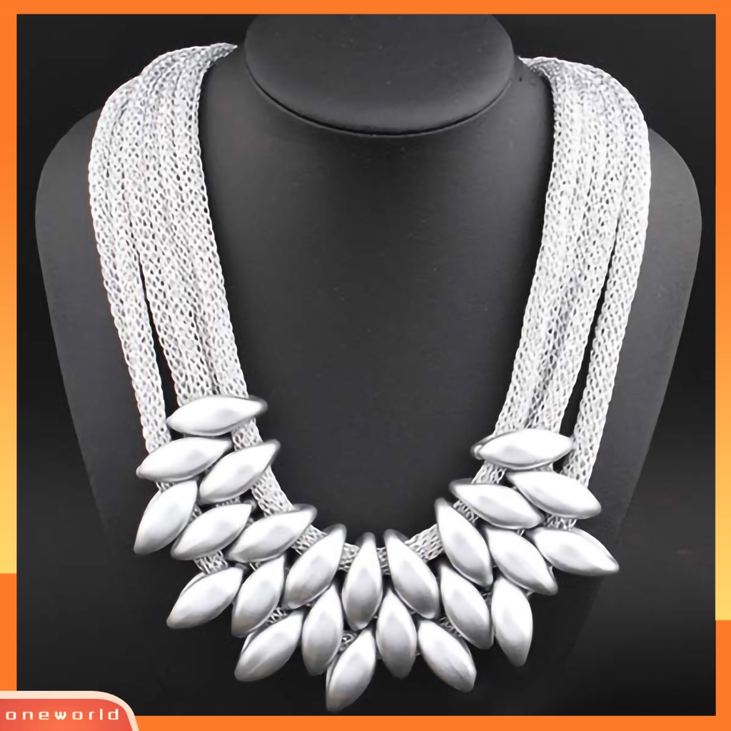 {oneworld} Bib Kalung Multi-layer Braided Alloy Liontin Daun Statement Choker Necklace Untuk Pesta