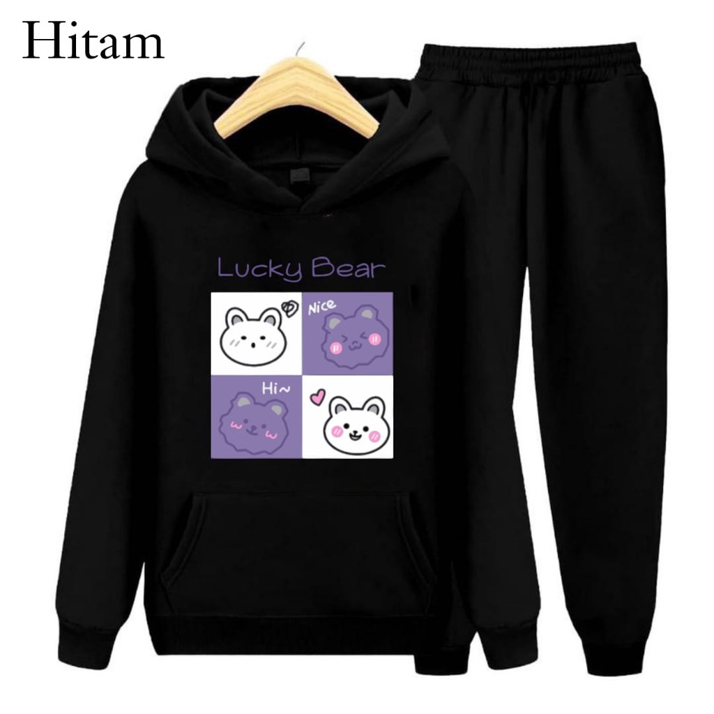 Hzl_outfit SETELAN HOODIE SWEATER LUCKY BEAR ANAK S.M.XL