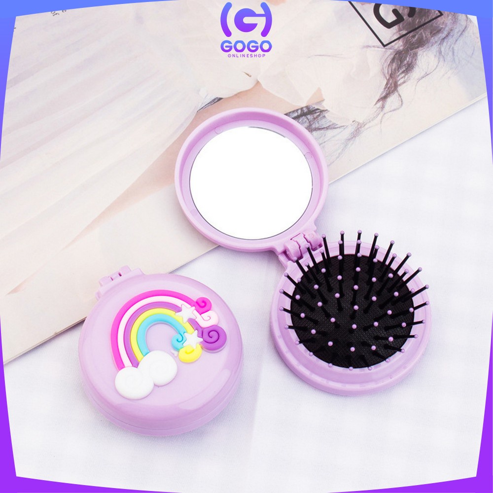 GOGO-C767 Cermin Sisir Bulat Lipat Kaca Ala Korea Sisir Compact 2IN1 Anti Kusut Motif Karakter Lucu / Sisir Lipat Bulat Cermin Portable