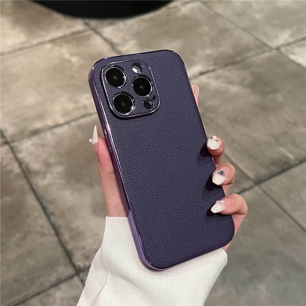 IPHONE Deep Purple Luxury Plating Frame Leather Case Untuk Iphone14 13 12 11 Pro Max14 Plus Ultra Tipis Electroplate Shockproof Casing Bumper Cover