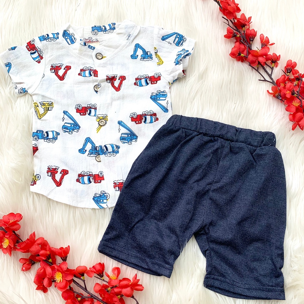 Baju setelan kemeja celana import motif lucu fashion anak bayi cowok laki baby boy -IMP TRACTOR