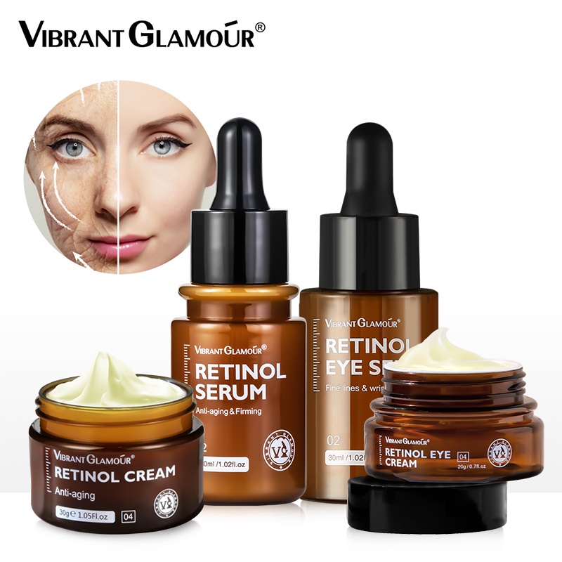 Vibrant Glamour Set Cream Retinol Untuk Anti-Penuaan dan Menghilangkan kerutan Wajah 30Gr Serum Retinol Memutihkan Mencerahkan dan Melembabkan Jerawat Wajah Perawatan Kulit