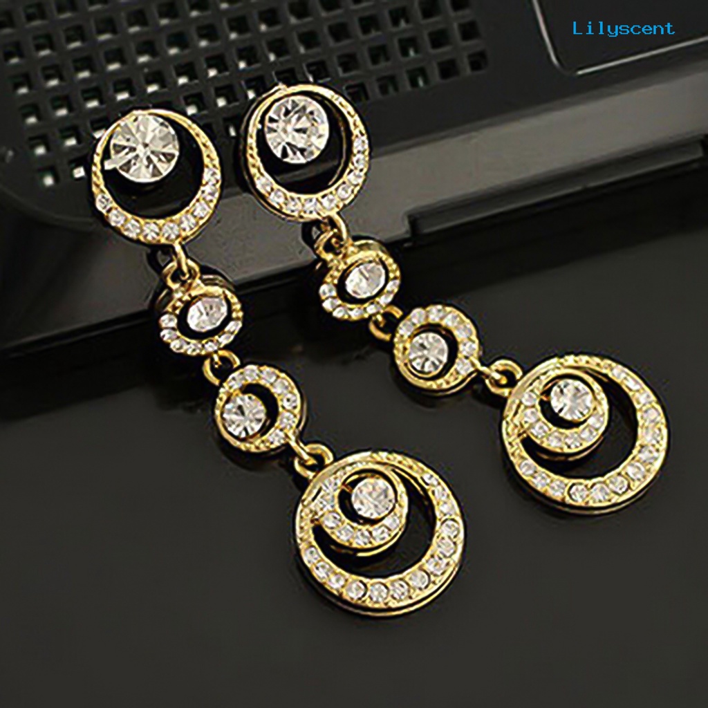 [LS] Anting Tusuk Lingkaran Menjuntai Mempesona Berlian Imitasi Wanita Panjang Drop Ear Studs Jewelry Untuk Pernikahan