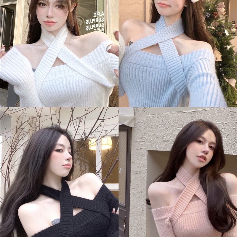 Red Musim gugur dan musim dingin menggantung leher halter kembali slim slim sweater top one shoulder sexy babes gaya keinginan murni rajutan kemeja bottoming untuk wanita