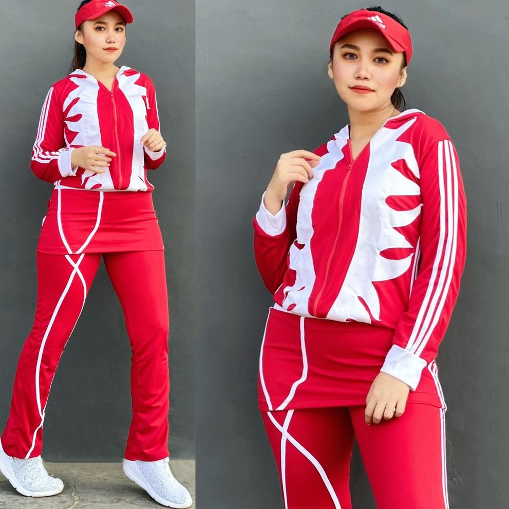 Setelan Baju Senam Lapangan Cakar Panjang Merah Putih Zumba Aerobik Hijab Cycling Olahraga Muslim "K