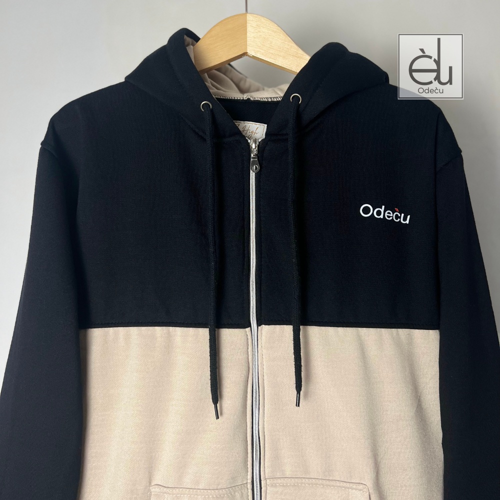 ODECU PREMIUM HOODIE ZIPPER TWO COLOR BLACK BEIGE SWEATER WANITA PRIA