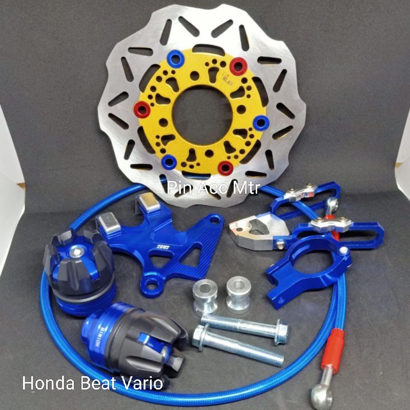 Paket Variasi motor 5 Macam Variasi Motor/Beat/Vario/Disc Cakram Depan Standar+Cover Kaliper Cnc+Selang Rem 90cm+Kleman Selang Rem Cnc+Jalu as depan