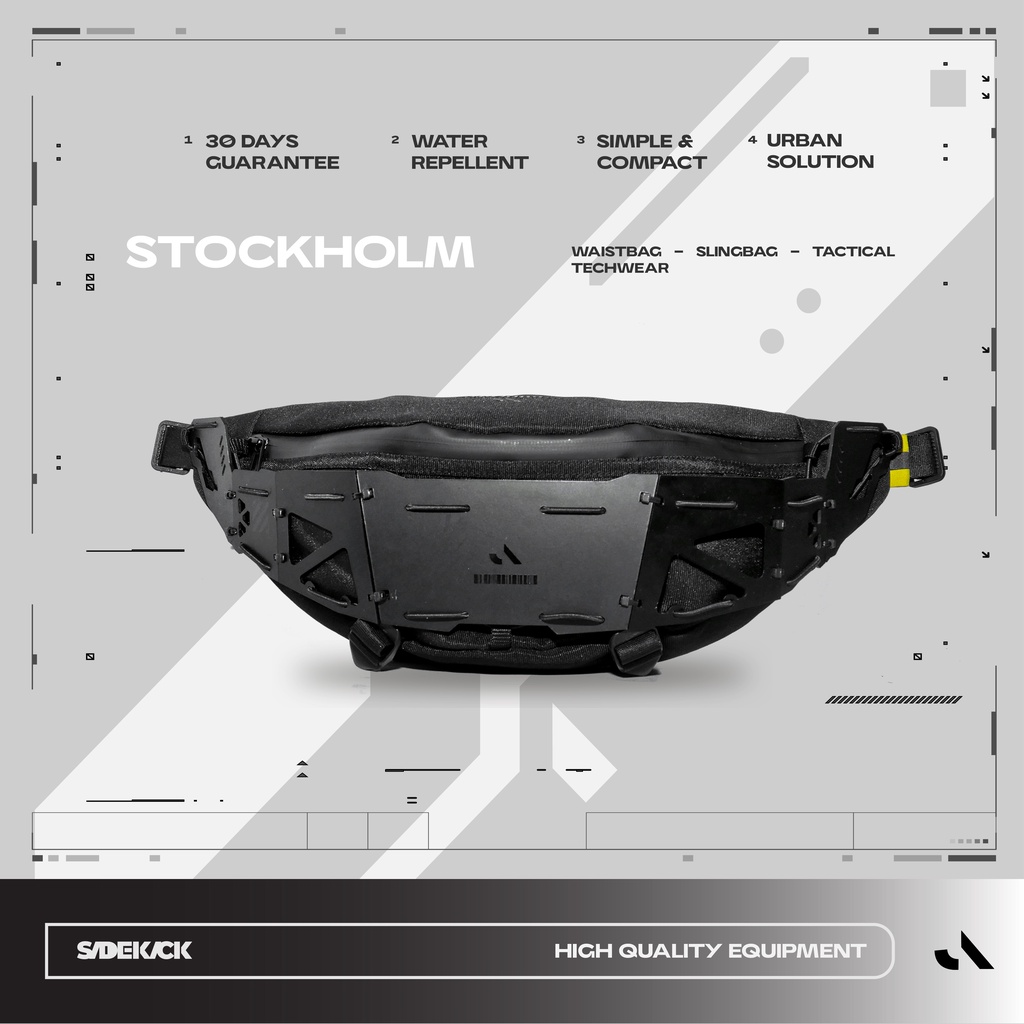 Sidekick Project STOCKHOLM Waistbag Pria Warna Hitam Multifungsi (Tas Selempang + Sling Bag + Tactical) Bahan Polyester Ukuran 44 x 9,5 x 14 CM Techwear