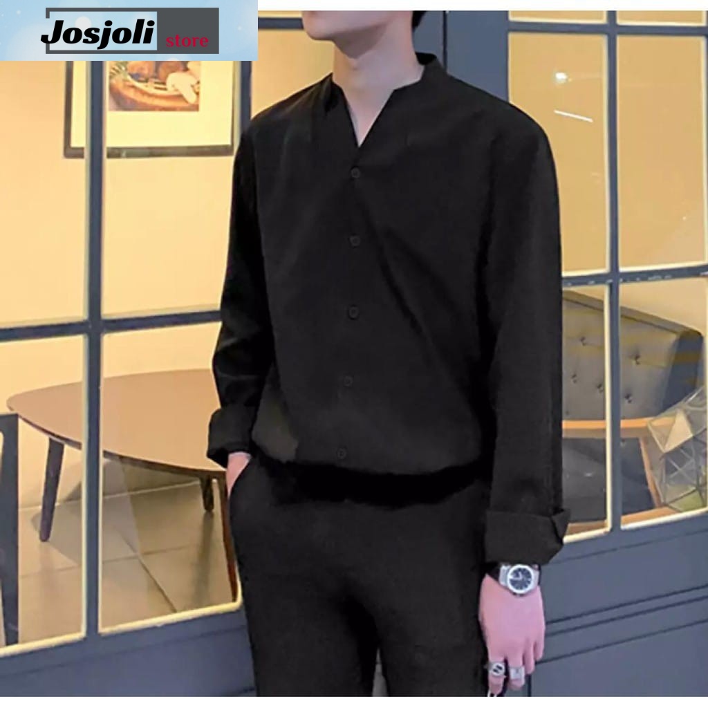 JOSJOLI_STORE/Kemeja Korea Style/Kemeja V-NECK Tin Lengan Panjang Size M L XL XXL Fashion Pria