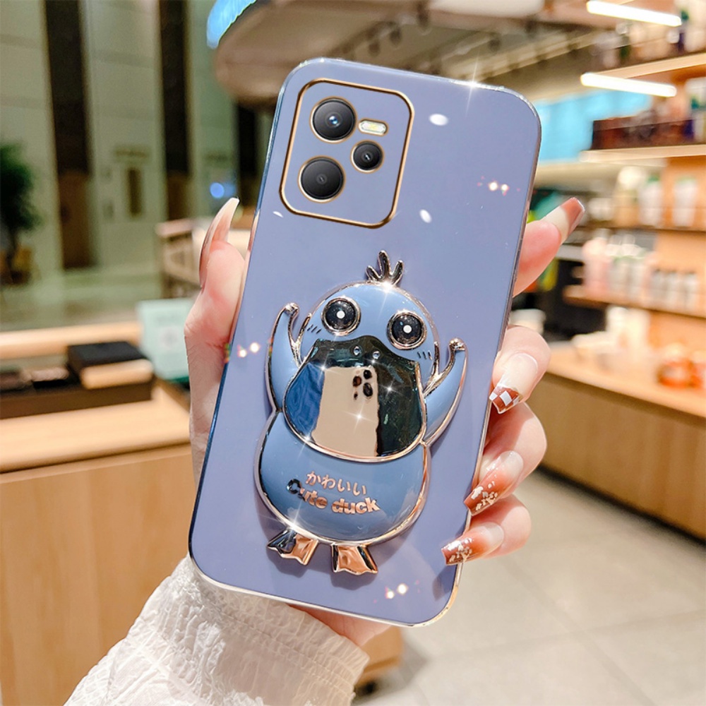 Cute Psyduck Case for Realme C35 C21Y C25Y Realme 8i C11 2021 C15 C12 C25 C25s C20 RealmeC2 5 Pro 6i 7i Narzo 30A Cases Plating Duck Folding Stand Holder Rubber Soft Phone Cover