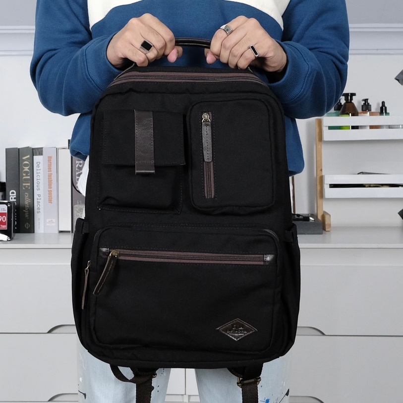 [PREMIUM] Backpack Tas Ransel Kerja Kantor Kuliah Laptop 14&quot; Kanvas Kulit Sapi Asli Eastmovin Denver Black dan Navy