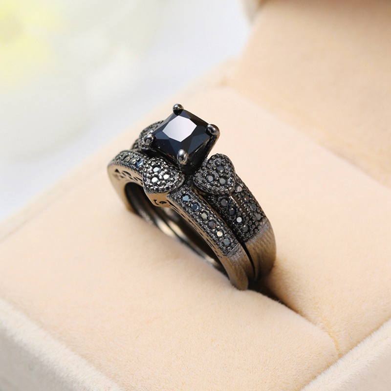 Fashion Wanita Persegi Hitam Cubic Zirconia Pengantin Cinta Hati Berlian Imitasi Set Cincin Pertunangan