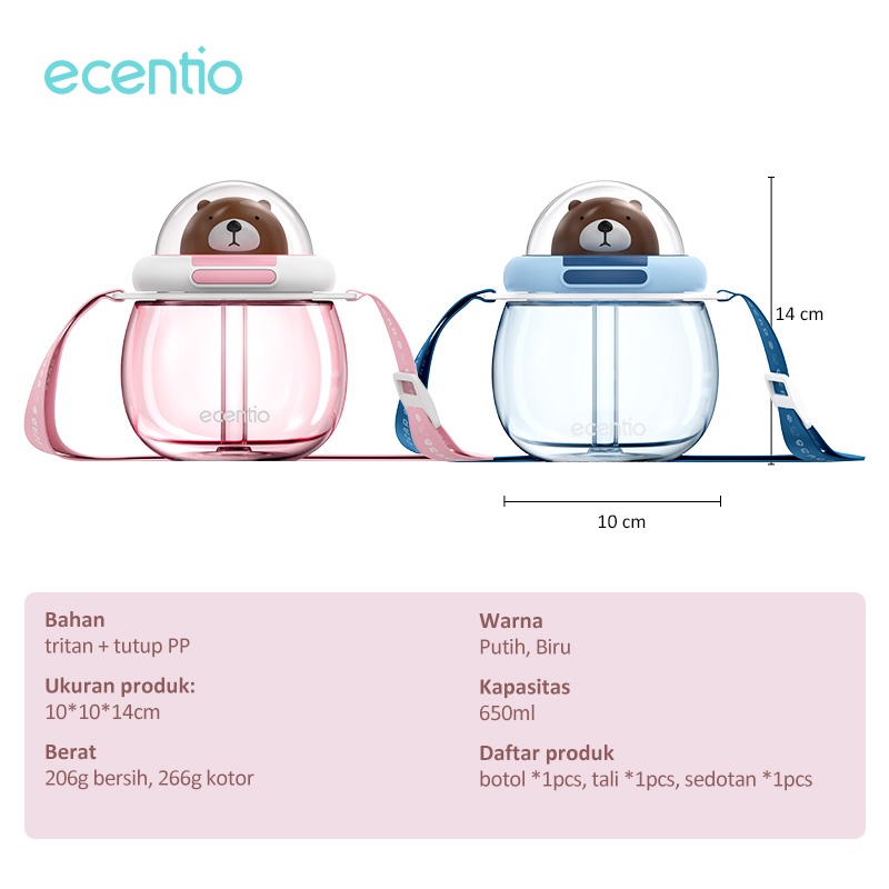 ecentio botol minum anak sekolah Tritan tali panjang 650ml/tumbler portable karakter animal beaer/BPA FREE