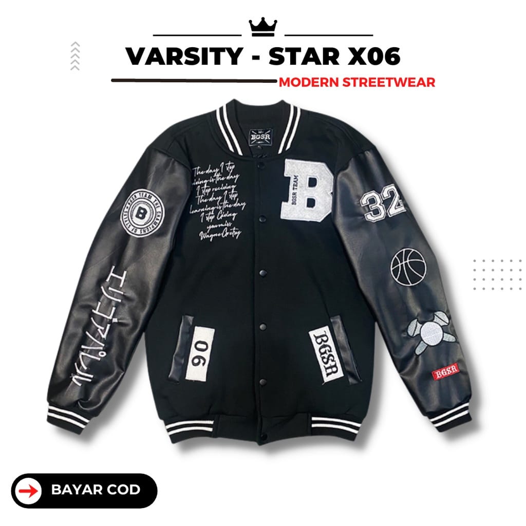 Seander Jaket Baseball Varsity Leather Full Black