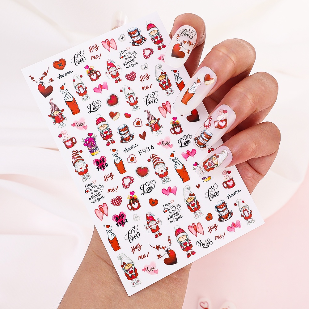 Hari Valentine Decals Manicure Aksesoris Alat Transfer Air Kuku Decal Merah Cinta Hati Self-Adhesive Nail Adhesive Tape 3D Valentines Decal Nail Stickers